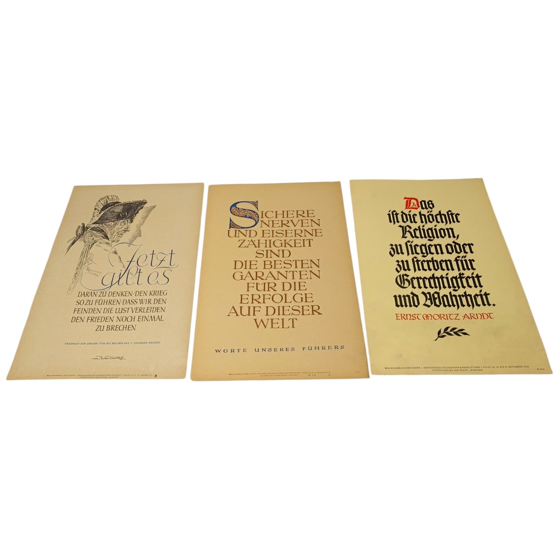 German WWII Wochenspruch der NSDAP Weekly Slogan Sheets - Set: A set of printed weekly slogan sheets (Wochenspruch der NSDAP), each featuring a quotation attributed to historical German figures (Friedrich der Große, Gorch Fock, and Ulrich von Hutten) with styliz