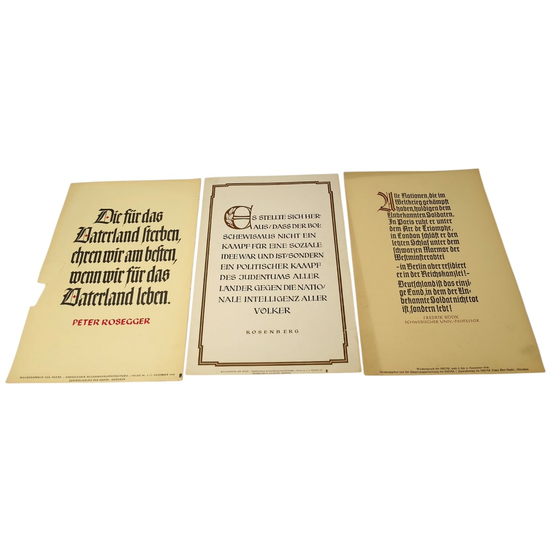 German WWII Wochenspruch der NSDAP Weekly Slogan Sheets - Set: A set of printed weekly slogan sheets (Wochenspruch der NSDAP), each featuring a quotation attributed to historical German figures (Friedrich der Große, Gorch Fock, and Ulrich von Hutten) with styliz