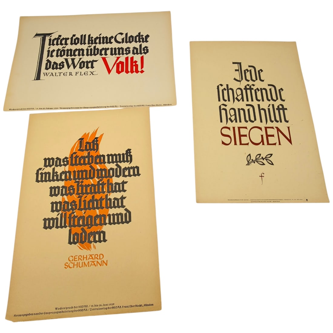 German WWII Wochenspruch der NSDAP Weekly Slogan Sheets - Set: A set of printed weekly slogan sheets (Wochenspruch der NSDAP), each featuring a quotation attributed to historical German figures (Friedrich der Große, Gorch Fock, and Ulrich von Hutten) with styliz
