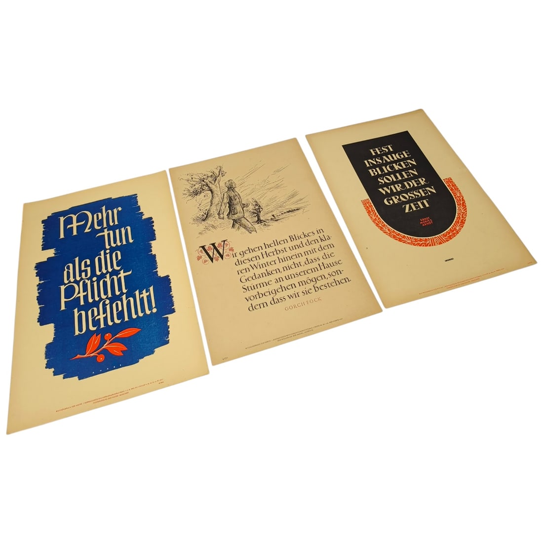 German WWII Wochenspruch der NSDAP Weekly Slogan Sheets - Set: A set of printed weekly slogan sheets (Wochenspruch der NSDAP), each featuring a quotation attributed to historical German figures (Friedrich der Große, Gorch Fock, and Ulrich von Hutten) with styliz