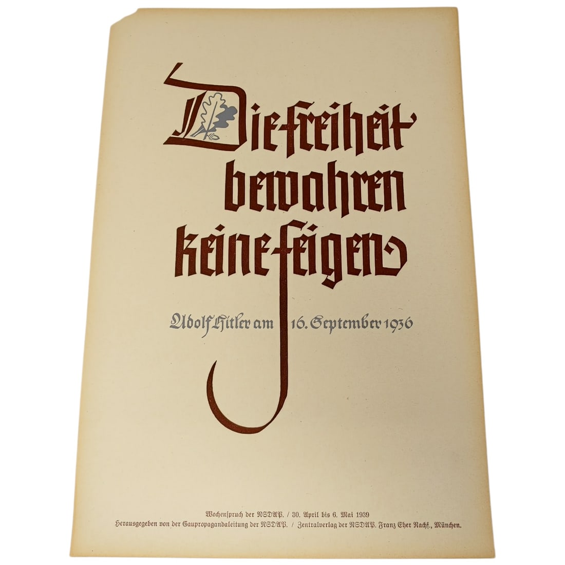 Wochenspruch der NSDAP - Weekly Quotation of the Nazi Party (30 April - 6 May 1939, Hitler Quote) (1 of 1)
