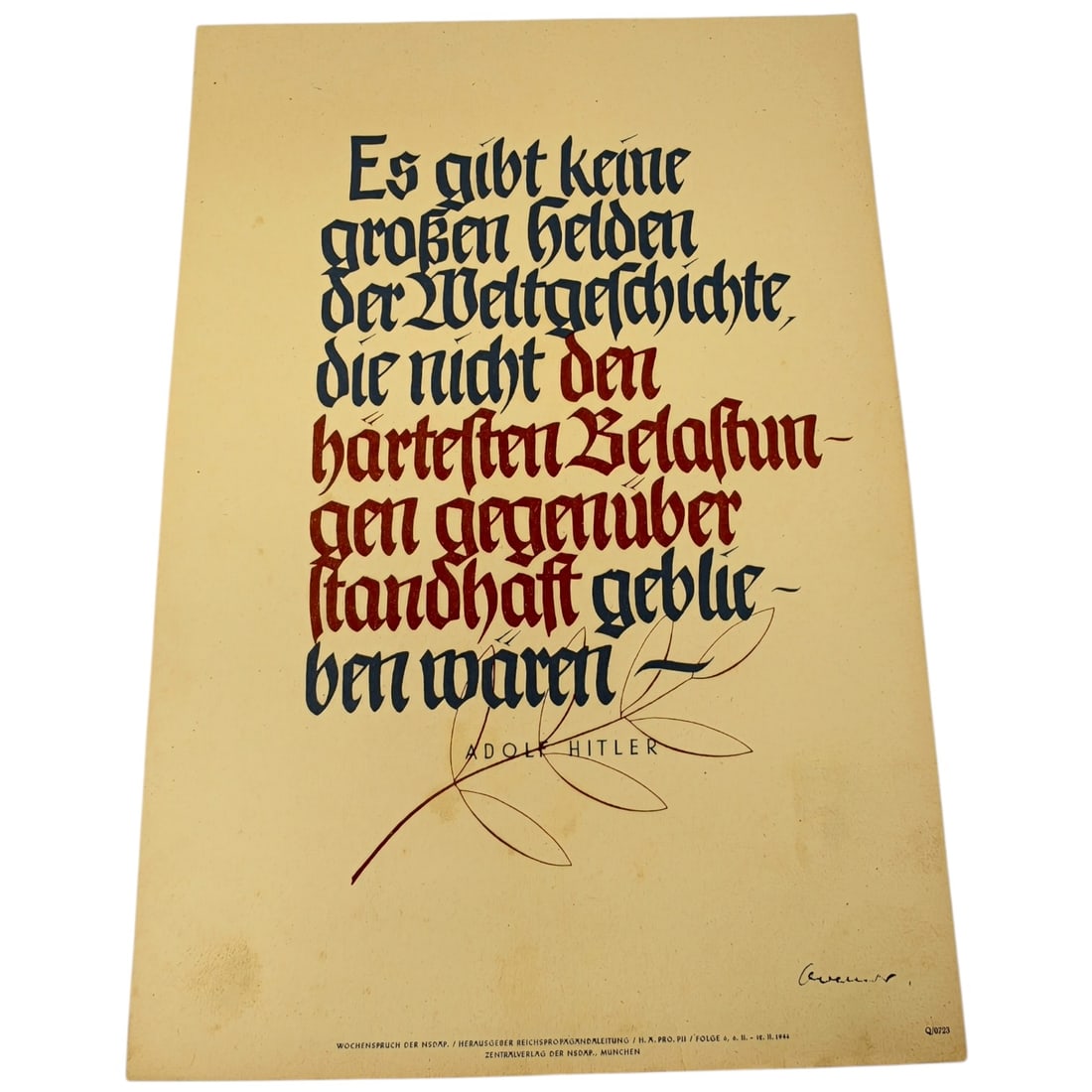 Wochenspruch der NSDAP - Adolf Hitler Quote: A printed wall-newspaper sheet titled 'Wochenspruch der NSDAP' (Weekly Quotation of the Nazi Party), featuring a calligraphic quotation attributed to Adolf Hitler in black and red gothic script, with 