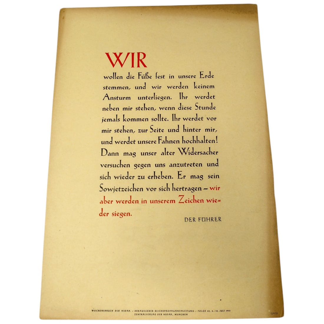 German WWII NSDAP Weekly Propaganda Poster "Wochenspruch der NSDAP" - Quote by Hitler: A printed propaganda broadsheet titled 'WIR' featuring a quotation attributed to 'Der Führer', printed in black and red text on cream paper. The lower margin identifies it as issue Folge 28, 6.-10. J