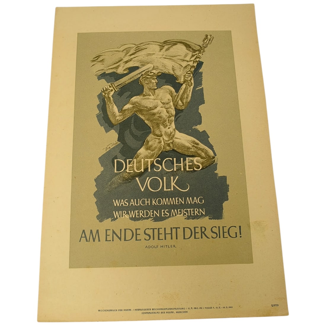 German WWII NSDAP Propaganda Print "Deutsches Volk" - Wochenspruch der NSDAP: A page from the Wochenspruch der NSDAP (Weekly Slogan of the NSDAP) series, featuring an idealized muscular figure holding a flag and sword above the text "DEUTSCHES VOLK - WAS AUCH KOMMEN MAG WIR WER