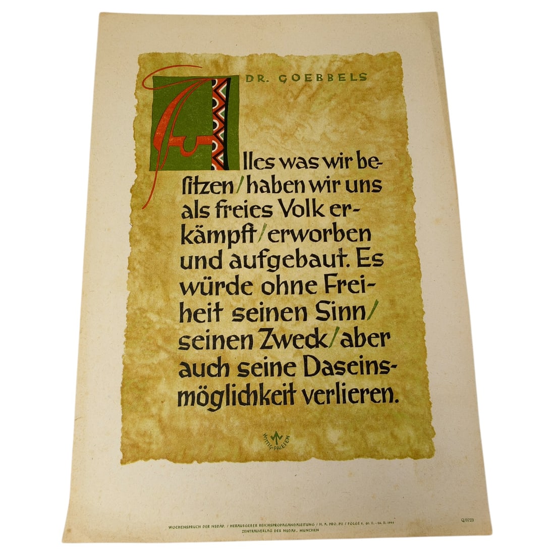 Wochenspruch der NSDAP - Dr. Goebbels Quotation Wall Poster: A printed weekly wall newspaper sheet issued by the NSDAP propaganda office, featuring a quotation attributed to Dr. Goebbels in decorative German blackletter script with an illuminated initial capita