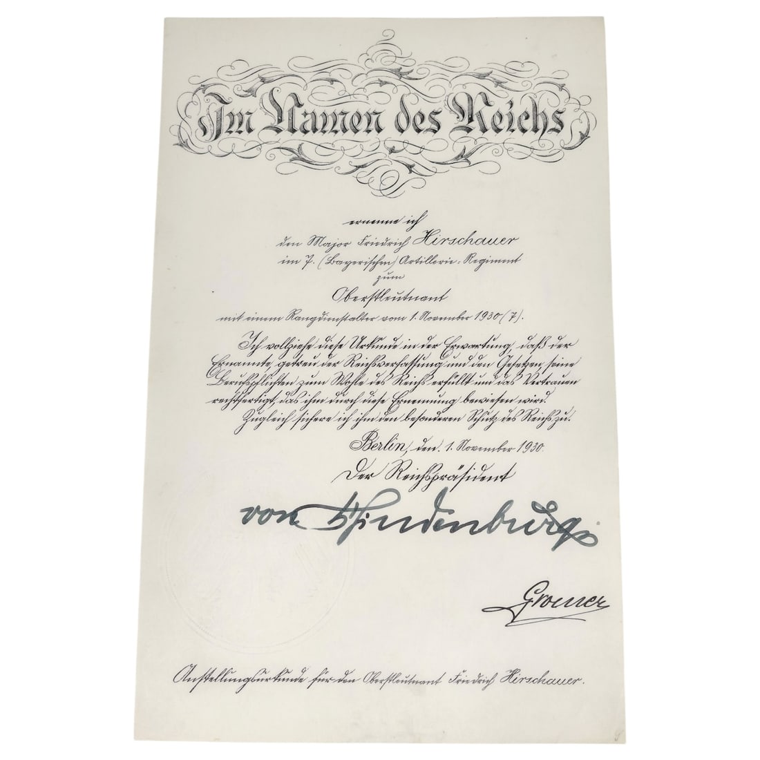 Weimar Republic Promotion Document Signed by Reich President von Hindenburg (1 of 2)