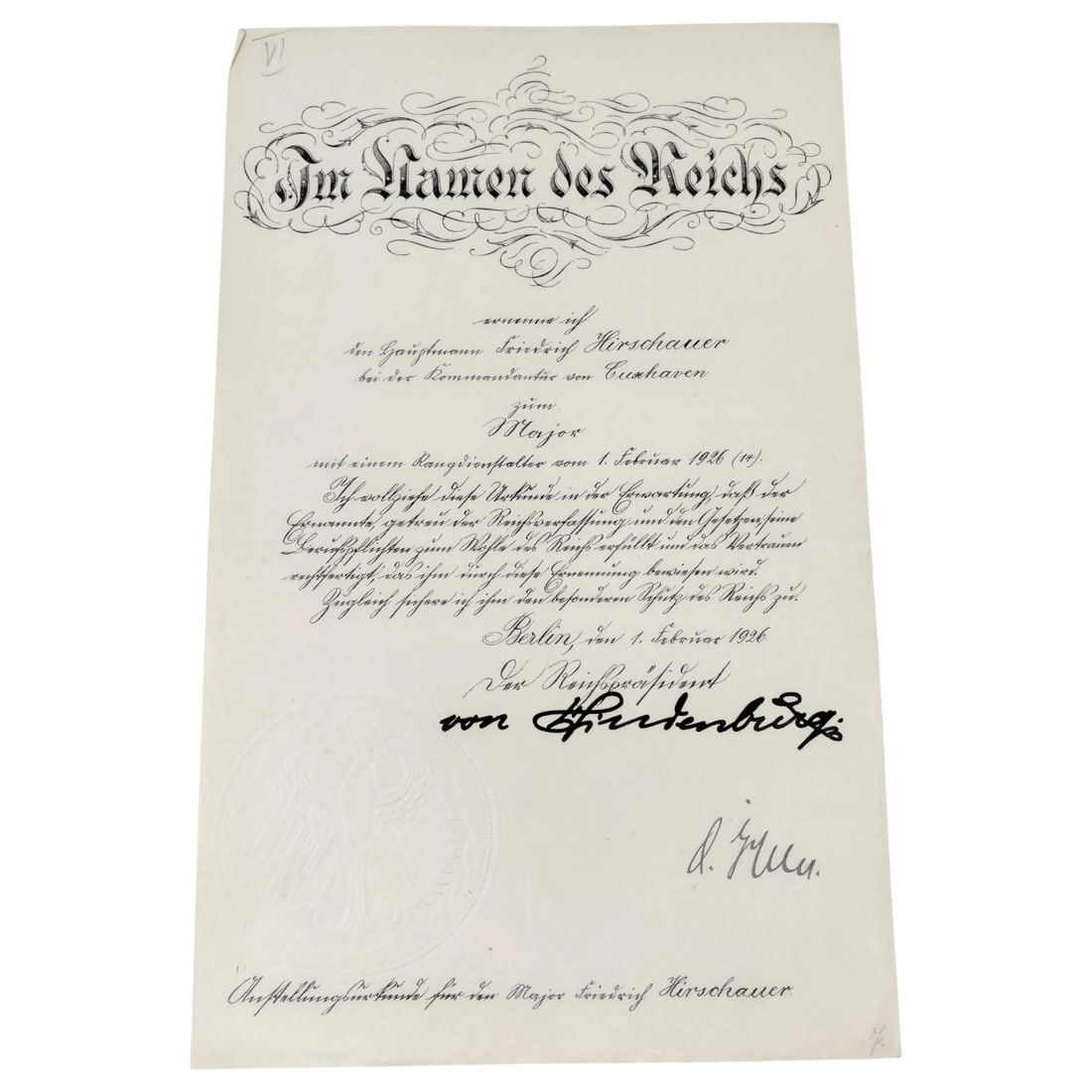 Weimar-Era German Promotion Document "Im Namen des Reichs" Signed by Paul von Hindenburg (1 of 2)
