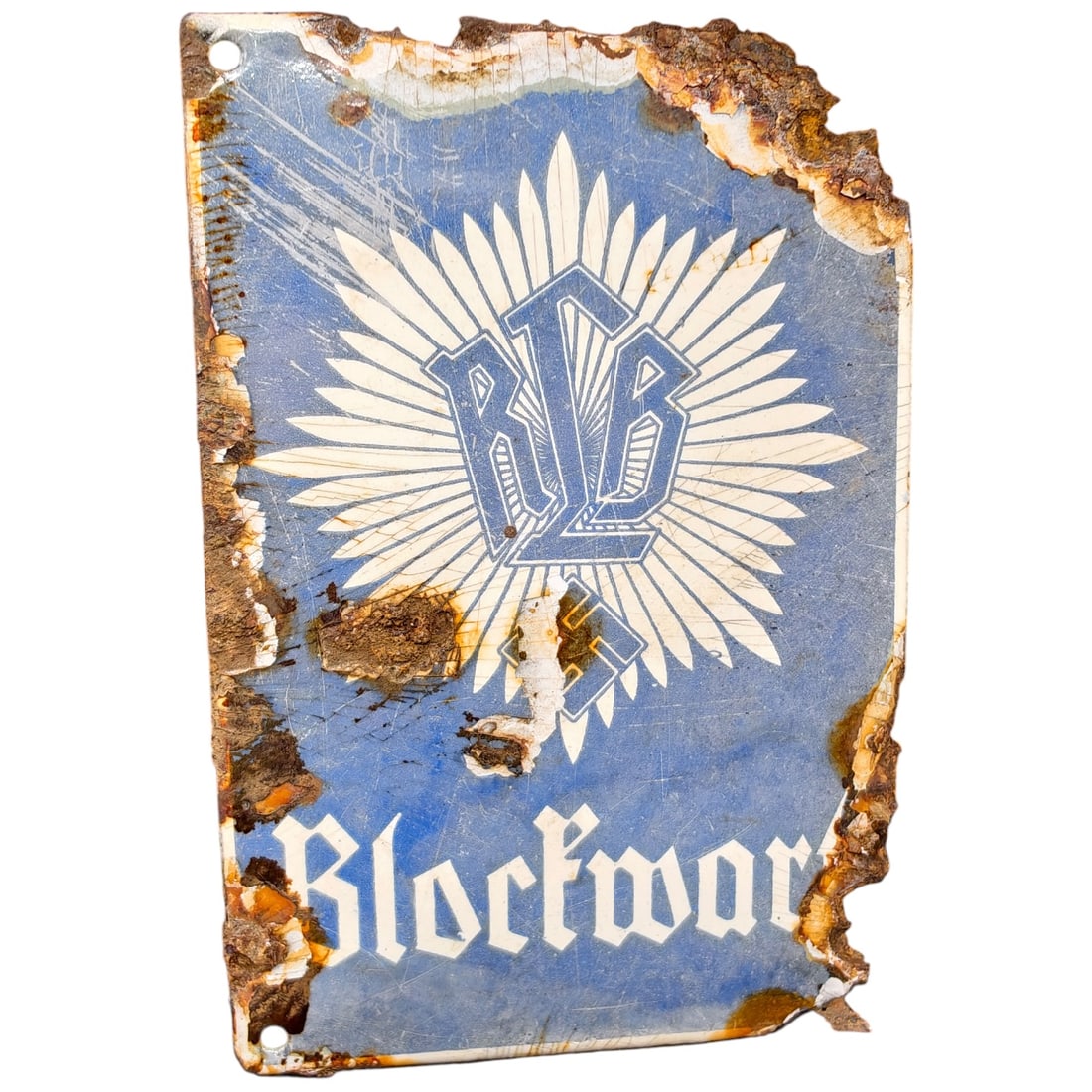 German WWII Third Reich Enamel "RLB" Door Sign: An enamel identification sign for a RLB 'Blockwart' (block warden), a local NSDAP party official responsible for a residential block. The sign features a stylized 'RLB' emblem (Reichsluftschutzbund - 