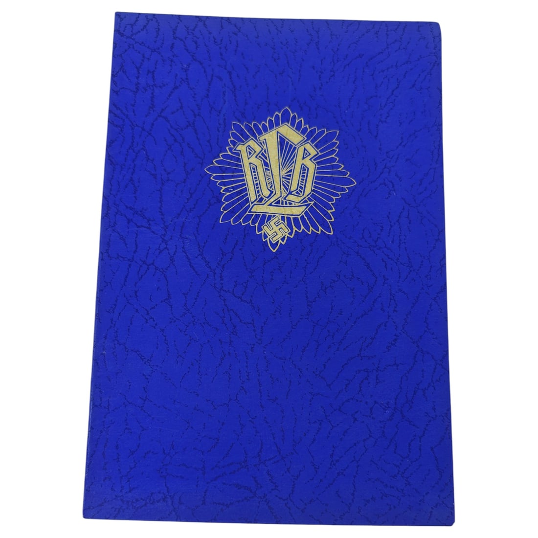 Third Reich RLB Luftschutz ID Booklet Cover: Blue textured paper/card ID document cover with gilt-embossed RLB emblem featuring an eagle-style radiating design and swastika beneath the lettering. Interior lined with a green and cream checkered