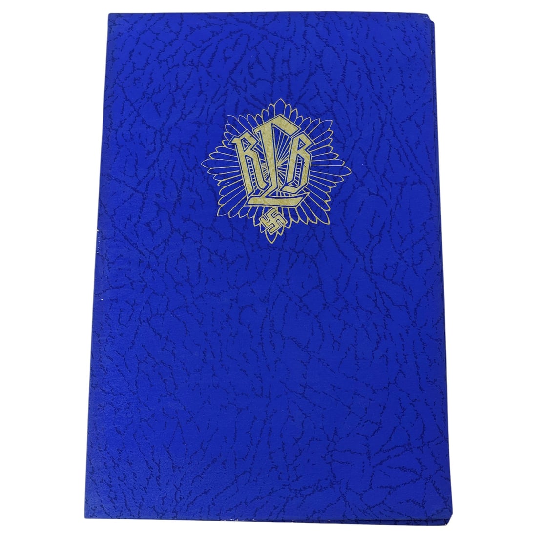 Third Reich RLB Luftschutz ID Booklet Cover: Blue textured paper/card ID document cover with gilt-embossed RLB emblem featuring an eagle-style radiating design and swastika beneath the lettering. Interior lined with a green and cream checkered p
