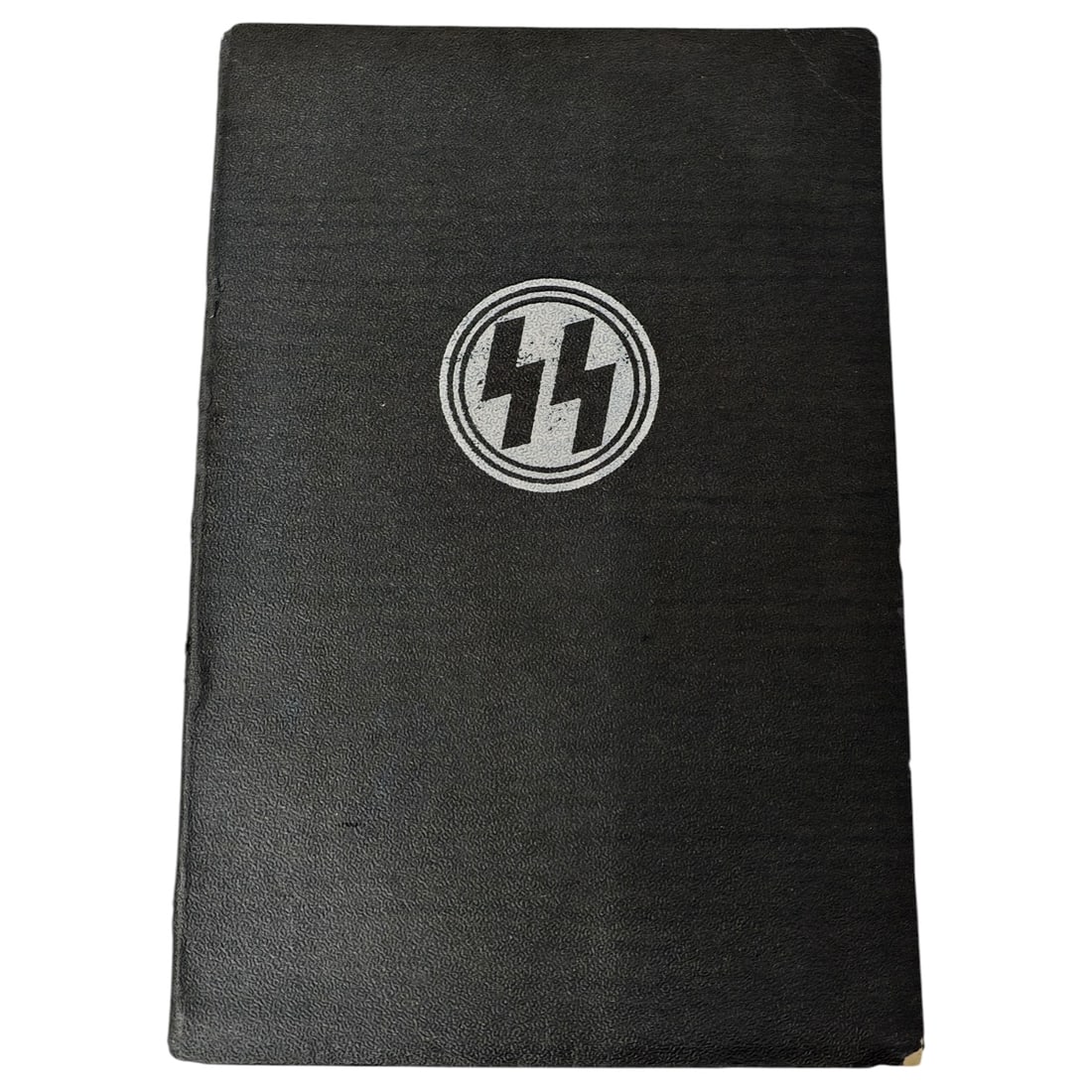 Third Reich SS ID Booklet Cover: A black covered document/ID booklet cover featuring an emblem in what appears to be silver-printed SS runes within a double-ringed circle on the front. Interior shows unused blue and green checkered