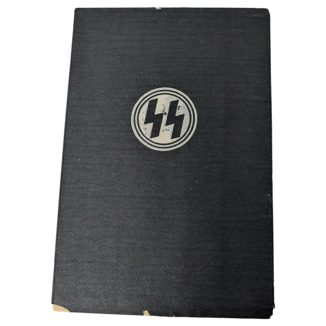 SS ID Cover: A black textured paper/card cover for an SS identification booklet (SS-Ausweis), with the printed silver-tone SS runes emblem within a circular border on the front. Interior features orange and