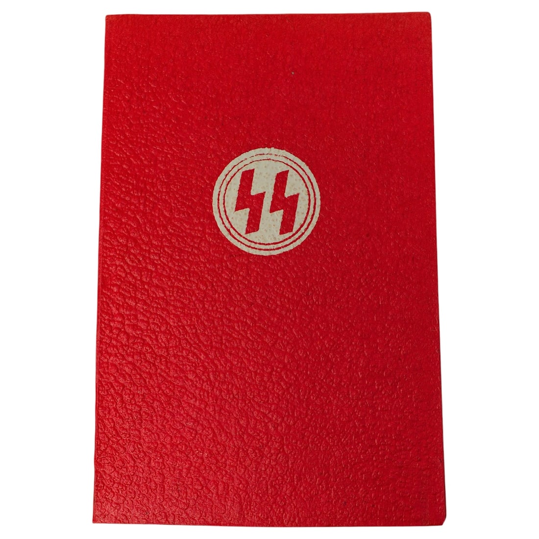 SS ID Cover: A red pebbled-leatherette document cover for an SS identification booklet (SS-Ausweis), featuring an applied circular white patch with the printed 'SS' Sig-runes emblem to the front. Interior lined