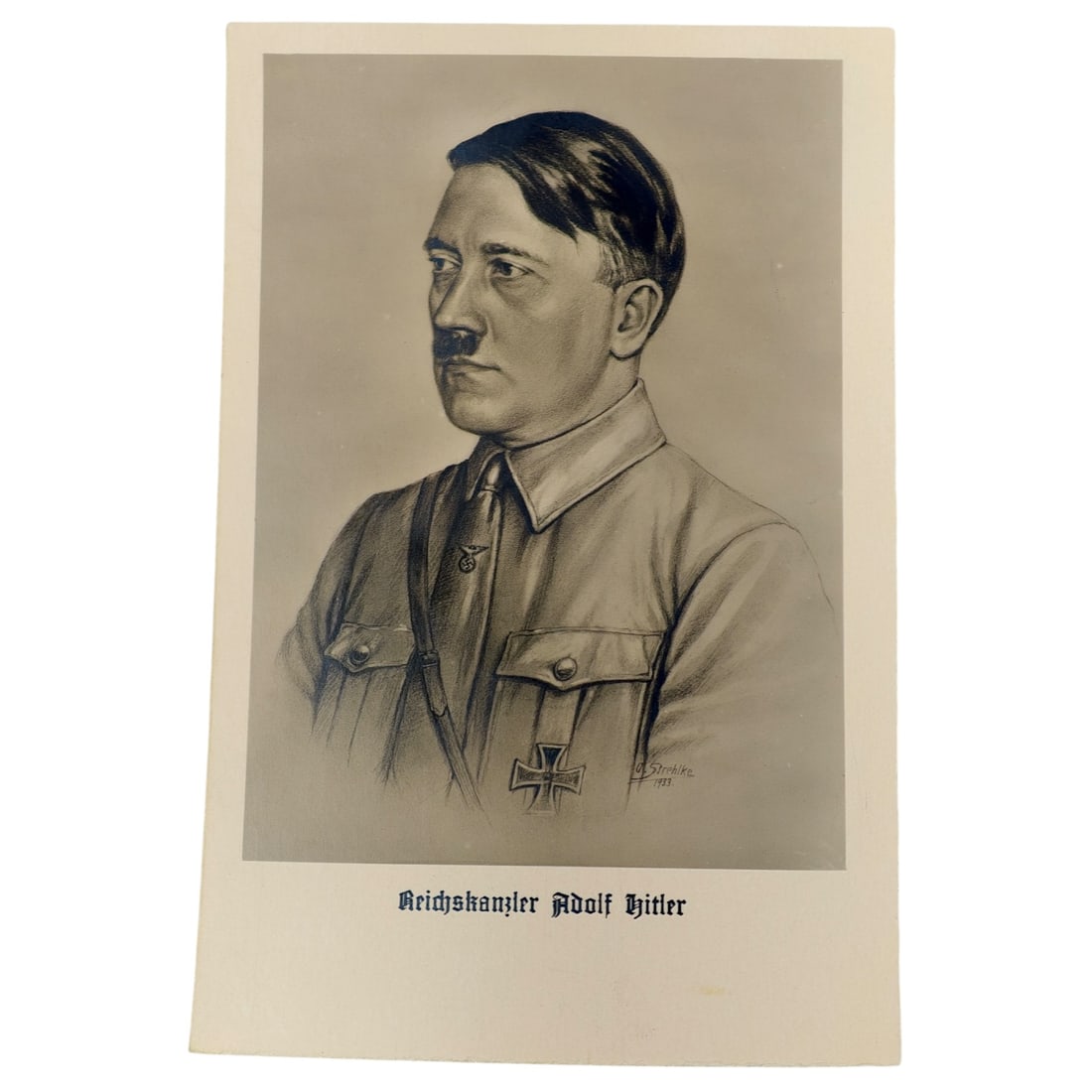 Adolf Hitler Postcard: Unused portrait postcard depicting Adolf Hitler in profile, based on a signed 1933 pencil/charcoal drawing, with the caption "Reichskanzler Adolf Hitler" in Fraktur script beneath the image. The rever