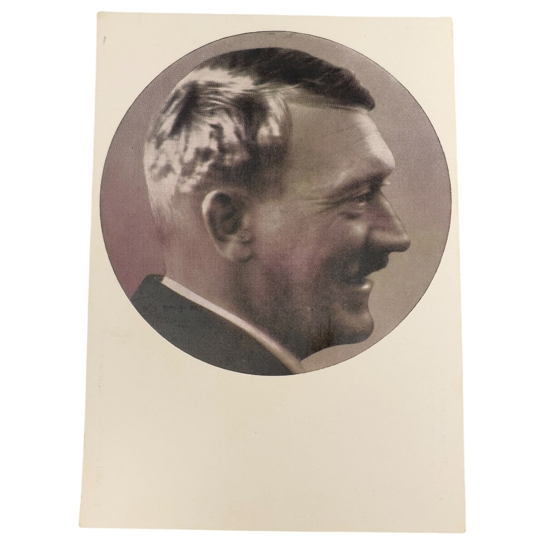 Adolf Hitler Postcard: Original propaganda postcard featuring a colorized profile portrait of Adolf Hitler in an oval vignette, printed by Photo Erna Schmauss, München. Reverse identifies the series as 'Männer der Zeit'