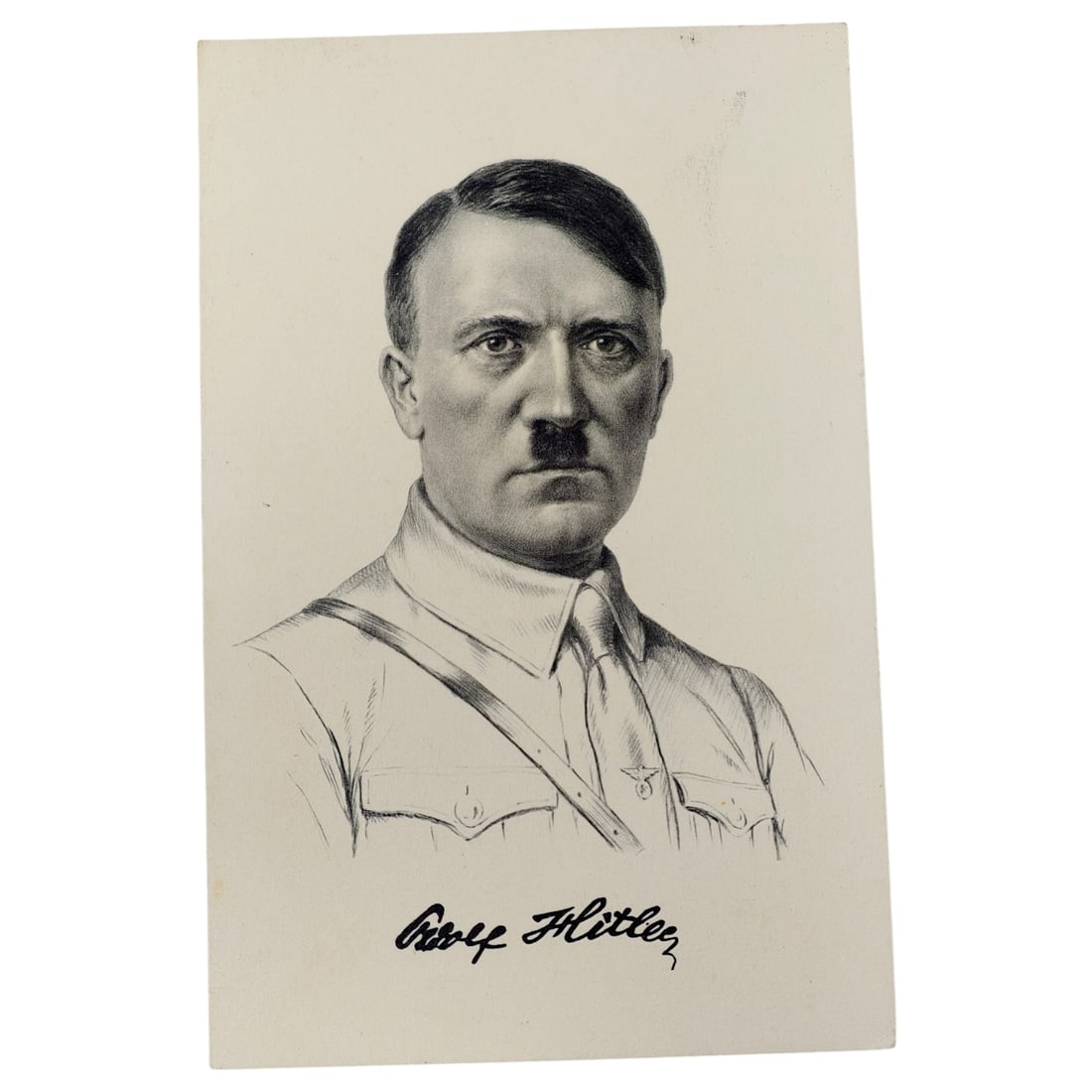 Adolf Hitler Postcard: A printed propaganda postcard featuring a pencil-sketch style portrait of Adolf Hitler with a facsimile signature below the image. The reverse bears the Stengel & Co., G.m.b.H., Dresden imprint, item
