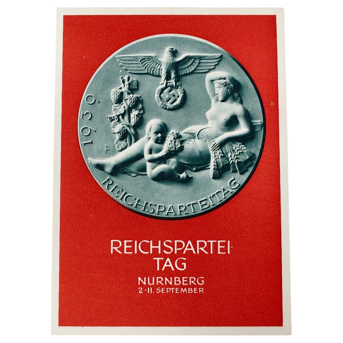 Third Reich Nazi Reichsparteitag Postcard: Official commemorative postcard for the 1939 Reichsparteitag des Friedens (Nuremberg Rally of Peace), held 2-11 September 1939. The front depicts a medallion design with an eagle atop a swastika