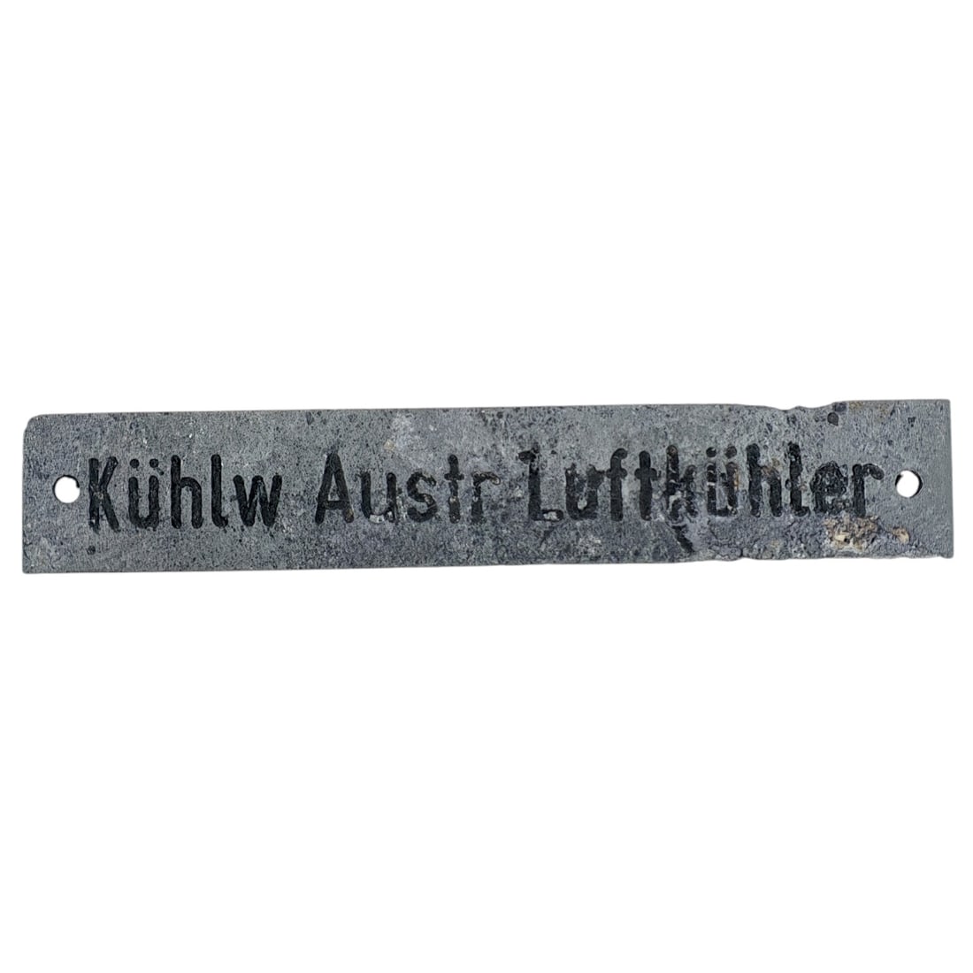 Kriegsmarine U-Boot U-Boat Nameplate: A stamped metal equipment identification plate from a German U-boat, with two mounting holes and engraved text reading 'Kühlw Austr Luftkühler' (referring to cooling water outlet/air cooler