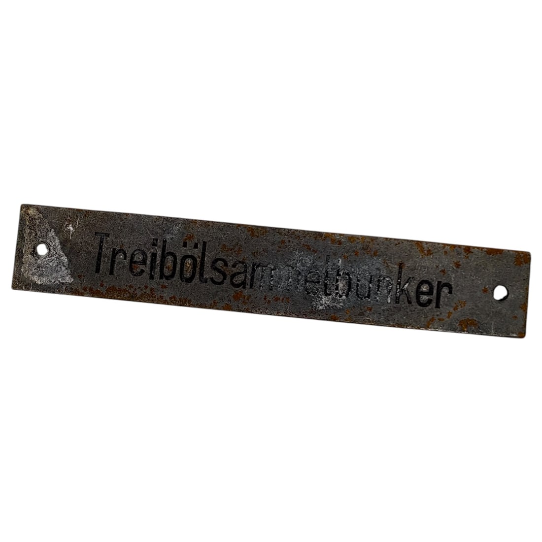 Kriegsmarine U-Boot U-Boat Nameplate: A rectangular metal identification plate engraved with the term 'Treibölsammelbunker' (fuel oil collection bunker), likely used aboard a Kriegsmarine U-boat or naval vessel to label a compartment or 