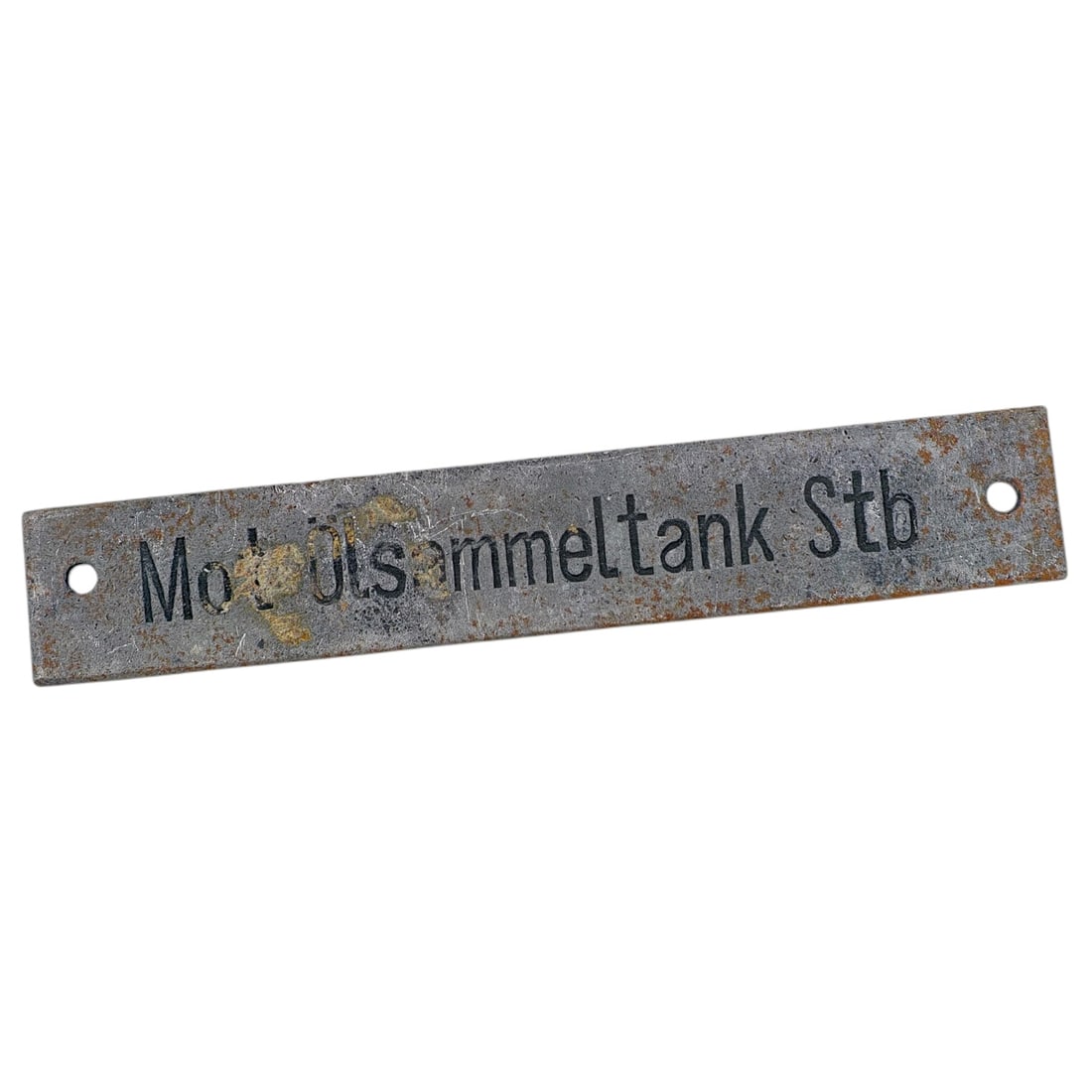 German Kriegsmarine U-Boat Equipment Nameplate - 'Motorölsammeltank Stb': A metal identification plate engraved with 'Motorölsammeltank Stb' (Engine Oil Collection Tank, Starboard), believed to originate from a German U-boat compartment or equipment station. The plate has
