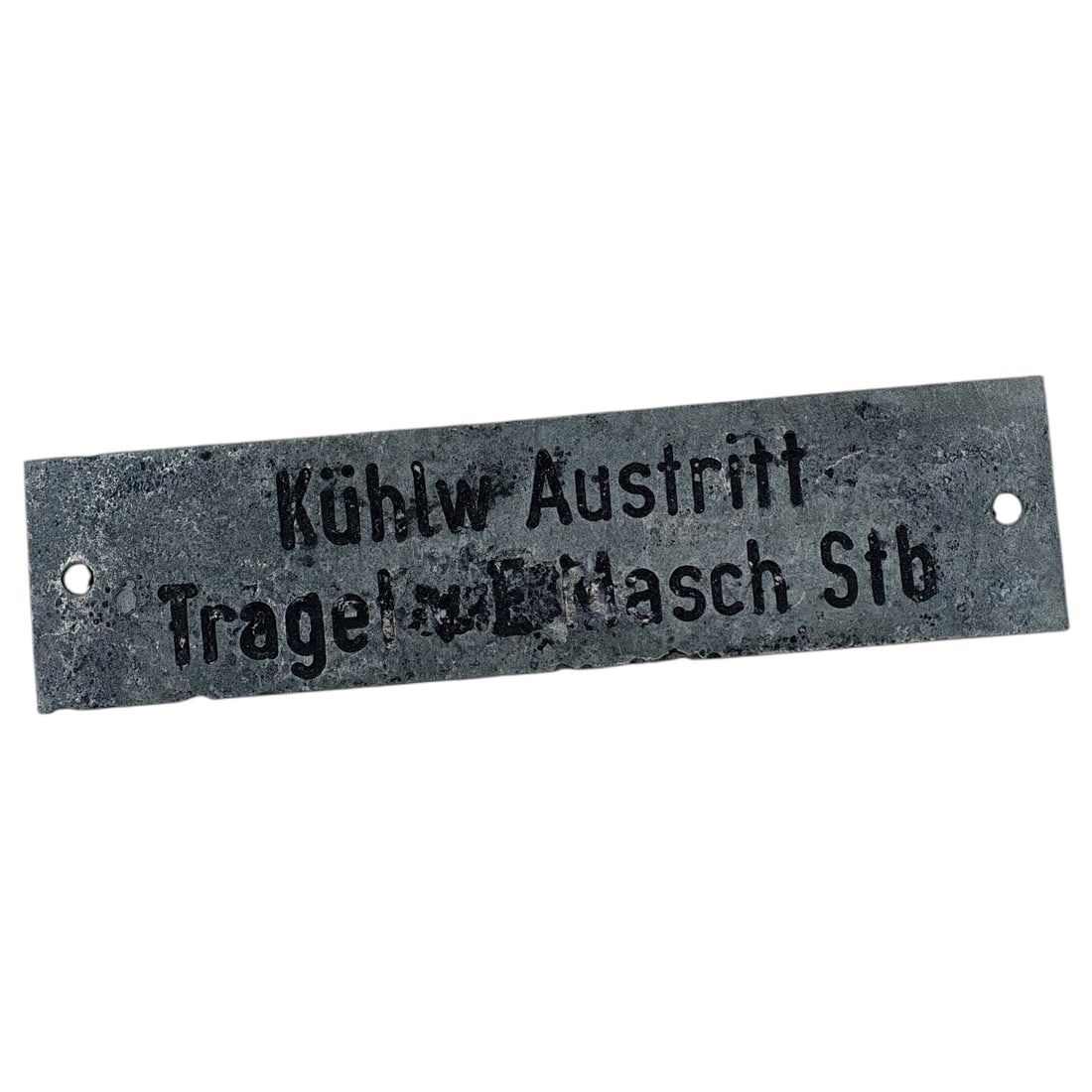 Kriegsmarine U-Boot U-Boat Nameplate: A small stamped metal equipment nameplate from a German U-boat, engraved with "Kühlw Austritt Trag el.-Masch Stb" (indicating cooling water outlet, related to the electric drive machinery, starboard