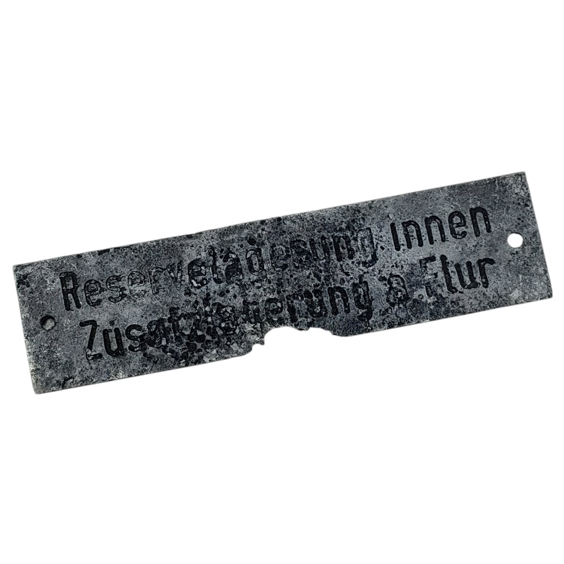 Kriegsmarine U-Boot U-Boat Nameplate: A stamped metal equipment nameplate from a German U-boat, likely from vessels built at the Danziger Werft. The plate is engraved with 'Reserveladesung innen / Zusatzsicherung a. Flur', indicating a de