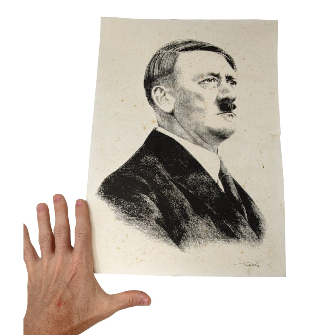 Adolf Hitler Portrait Poster: A printed portrait of Adolf Hitler in profile, rendered in a charcoal-sketch style with a signature in the lower right corner. Printed on paper. Sold unframed, the sheet measures approximately 23.5 x