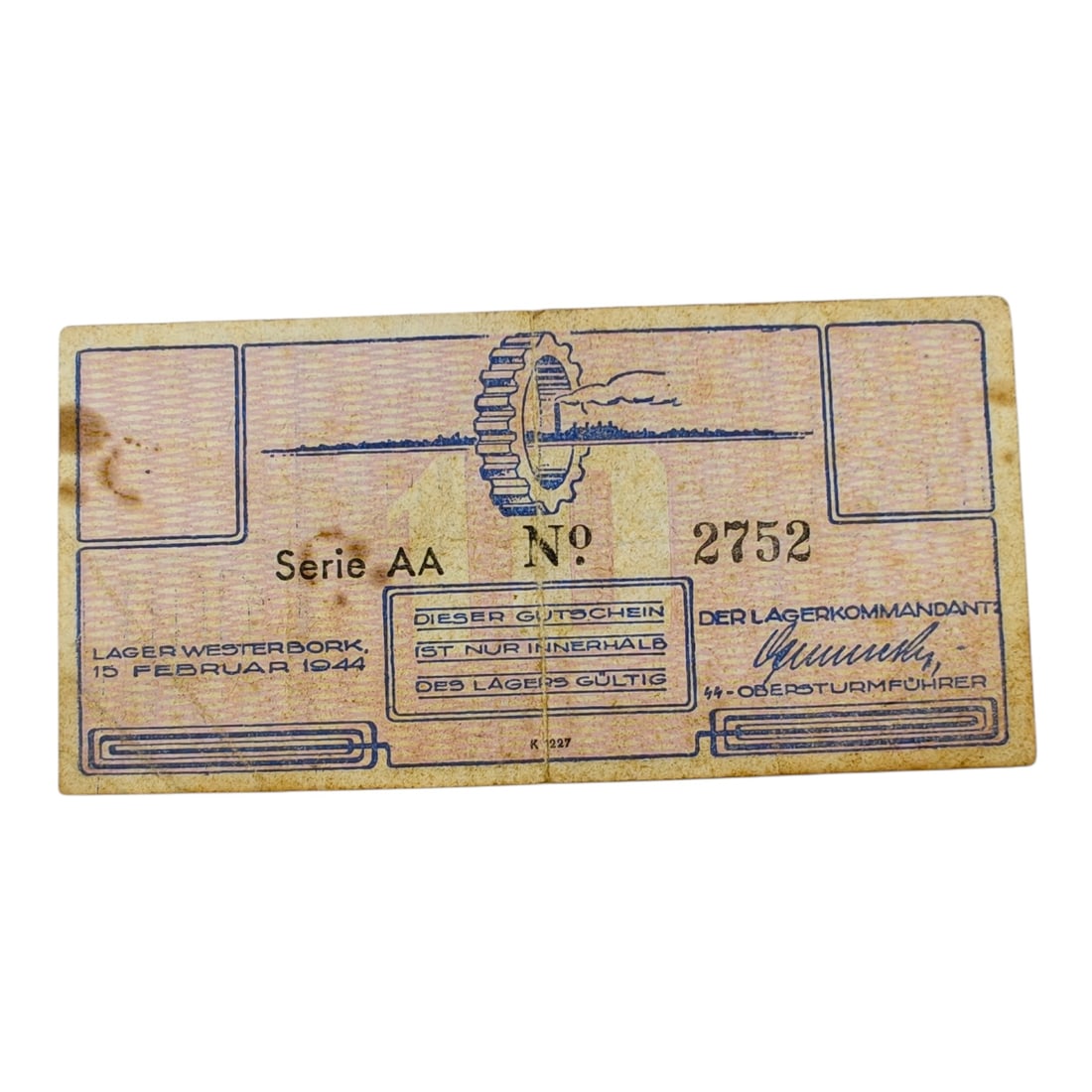 Dutch Transit Camp Westerbork Money: A 10 Cent camp voucher ("Gutschein") issued at Lager Westerbork, printed "Serie AA" with the serial number 2752 and dated 15 Februar 1944. The face bears the printed text stating the voucher was valid