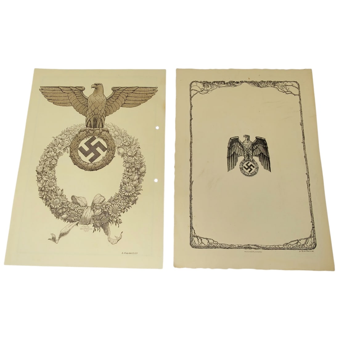 Set of German Third Reich Deutsche Reichspost Illustrated Document Sheets: A set of printed decorative sheets produced for German state postal (Deutsche Reichspost) documents or folder covers, each bearing illustrated motifs in period graphic style. Designs include an eagle 