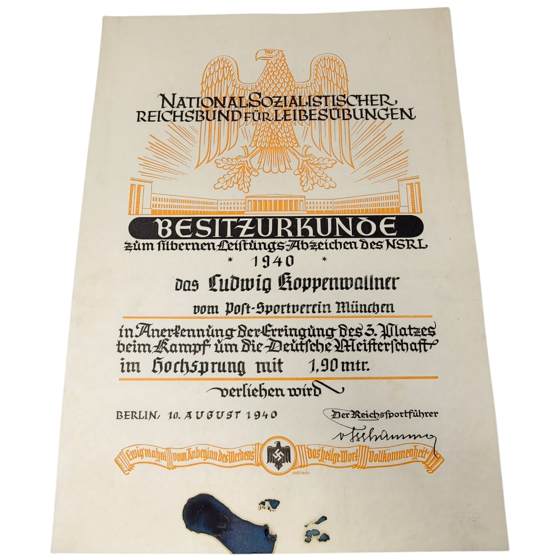 NSRL Besitzurkunde (Ownership Certificate) for the Silver DRL Sports Badge, 1940, Awarded to Ludwig: A printed award document issued by the Nationalsozialistischer Reichsbund für Leibesübungen (NSRL), certifying the silver Leistungs-Abzeichen (proficiency badge) award for 1940. The document is head