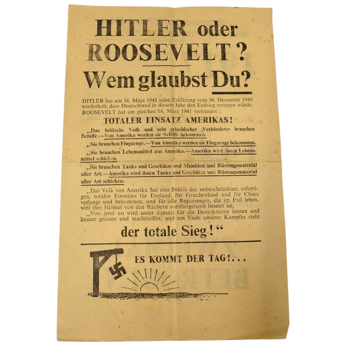 WWII Allied Propaganda Leaflet "Hitler oder Roosevelt?": A German-language propaganda leaflet dated in text to March 1941, printed on a single folded sheet with text on both sides. One side headed "HITLER oder ROOSEVELT? Wem glaubst Du?" contrasts statement