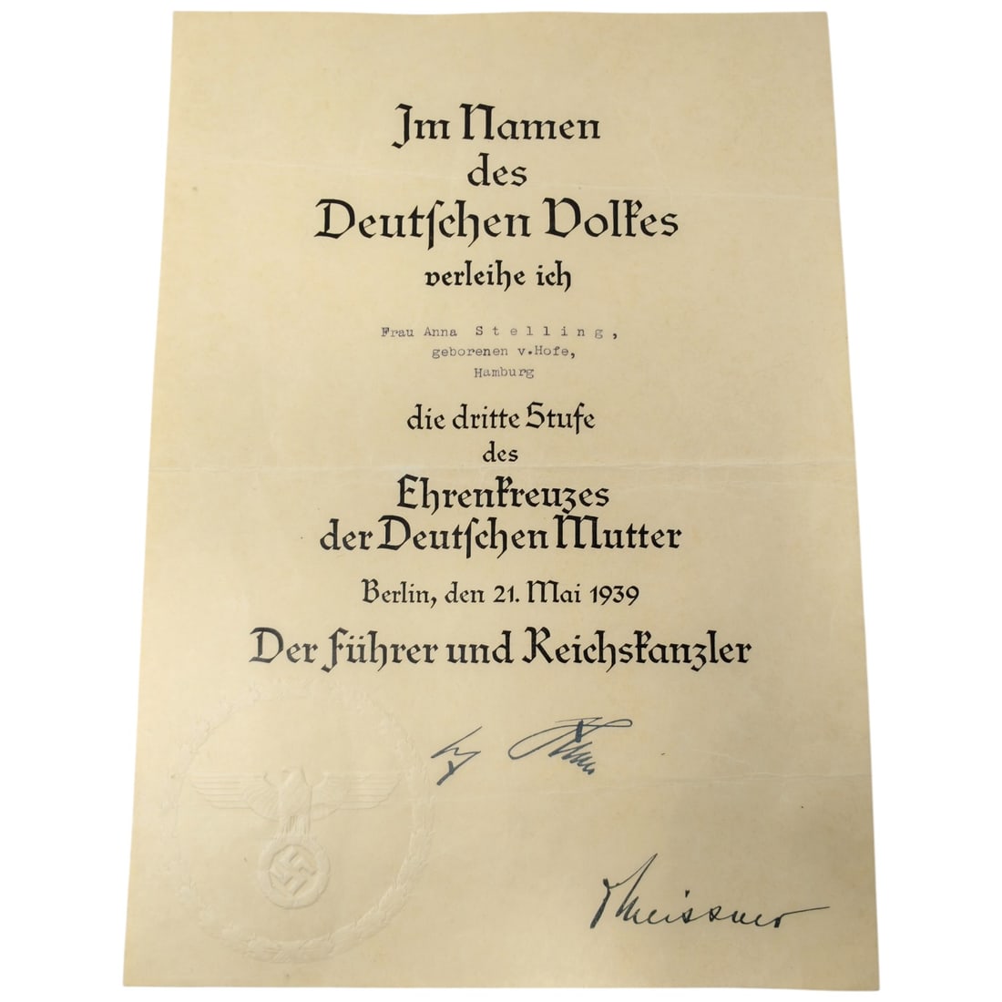 Third Reich Award Document for the Cross of Honor of the German Mother, Third Class: A printed award certificate (Verleihungsurkunde) issued in the name of the German people, conferring the third class of the Ehrenkreuz der Deutschen Mutter upon Frau Anna Stelling, née v. Hofe, of Ha