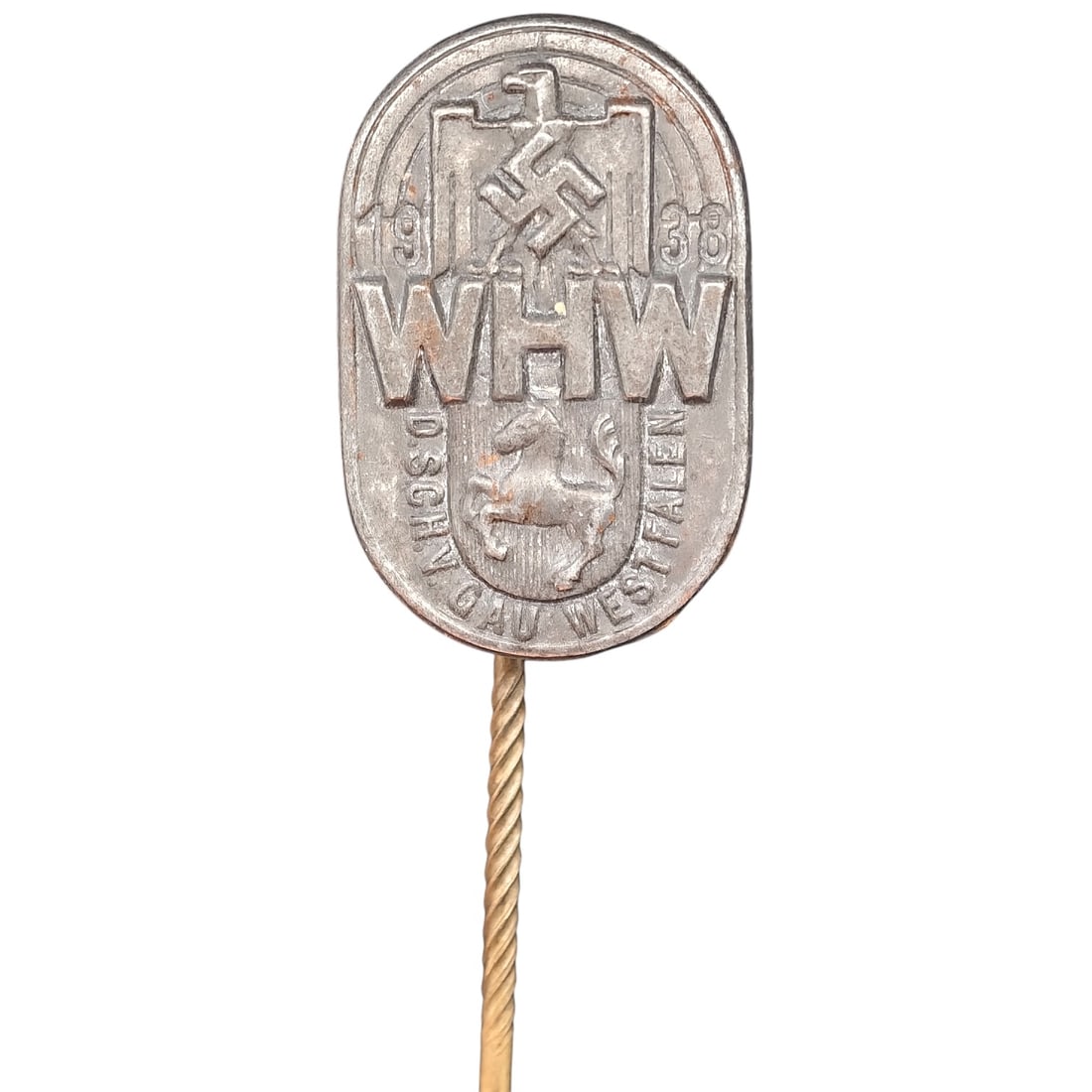 German 1938 WHW Gau Westfalen Donation Stick Pin: An oval stick pin issued for the Winterhilfswerk (WHW) charitable collection drive, dated 1938 and inscribed "D.SCHV GAU WESTFALEN" beneath a rearing horse emblem, the Westphalian regional symbol.