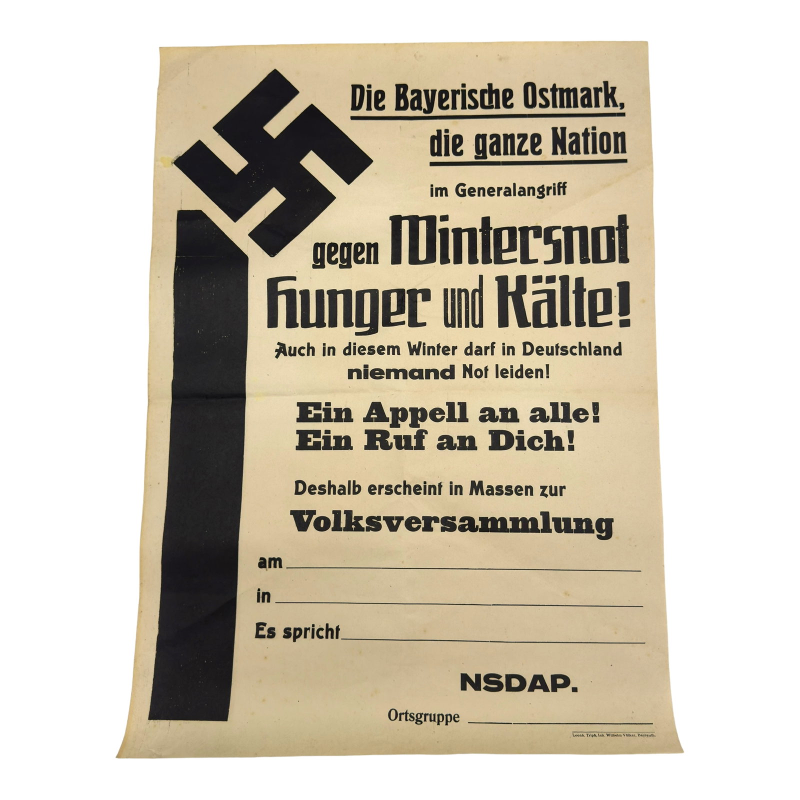NSDAP Winterhilfswerk Rally Poster, "Gegen Wintersnot, Hunger und Kälte": A German NSDAP propaganda poster promoting a public rally (Volksversammlung) in support of the Winter Relief effort against winter hardship, hunger, and cold, headed by a large stylized swastika and b