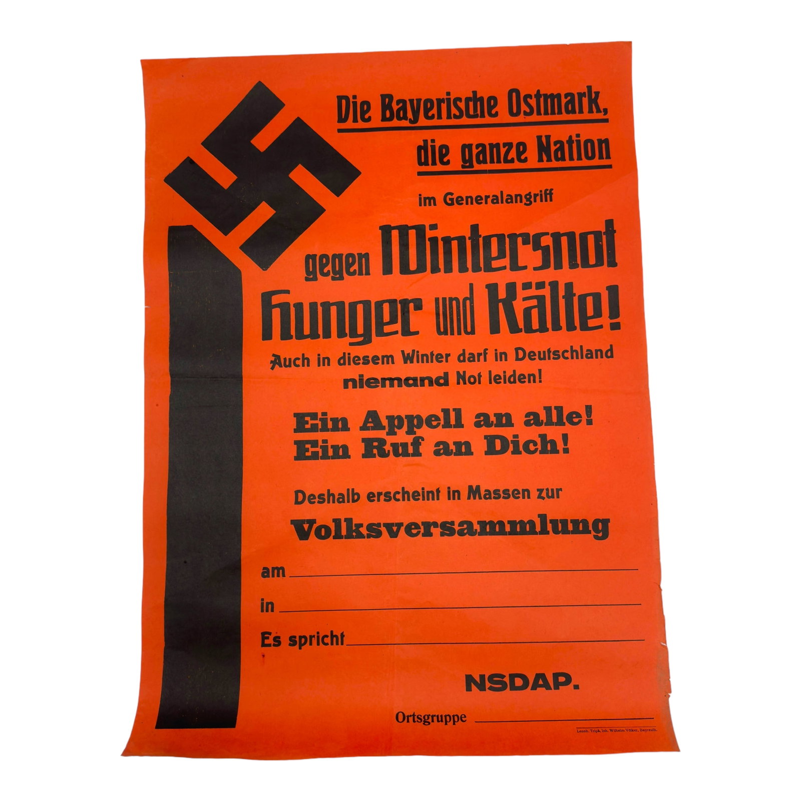 NSDAP Winterhilfswerk Propaganda Poster - "Volksversammlung" Announcement: A German propaganda poster printed in black on orange stock, headed "Die Bayerische Ostmark, die ganze Nation" and calling for a unified effort against "Wintersnot, Hunger und Kälte" (winter hardship