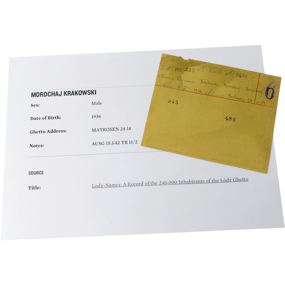 Lodz Ghetto Food Ration Card (Nahrungsmittel-Karte) for Mordchaj Krakowski, with Research Printout: A ghetto-issued ration card printed in German, headed "Der Aelteste der Juden in Litzmannstadt, Verpflegungs-Abteilung, Nahrungsmittel-Karte," numbered 265296, with a grid of coupon numbers 101 throug