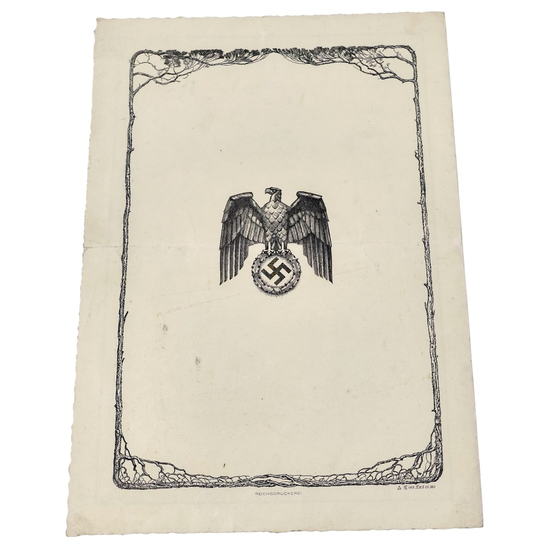 German WWII Deutsche Reichspost Telegram Folder with Eagle Cover: A decorative telegram folder issued by the Deutsche Reichspost, printed by the Reichsdruckerei. The front cover bears an eagle standing atop a wreathed swastika within a stylized branch border, while 