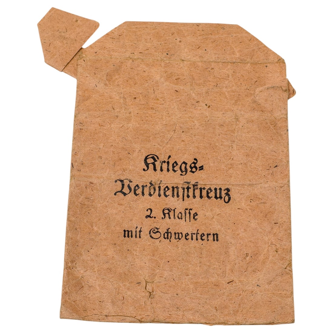 German WWII Kriegsverdienstkreuz 2. Klasse mit Schwertern Paper Envelope by Adolf Rettenmaier: Paper packet of issue for a War Merit Cross 2nd Class with Swords, printed in Gothic script reading "Kriegs-Verdienstkreuz 2. Klasse mit Schwertern." The reverse carries a printed maker label for Adol