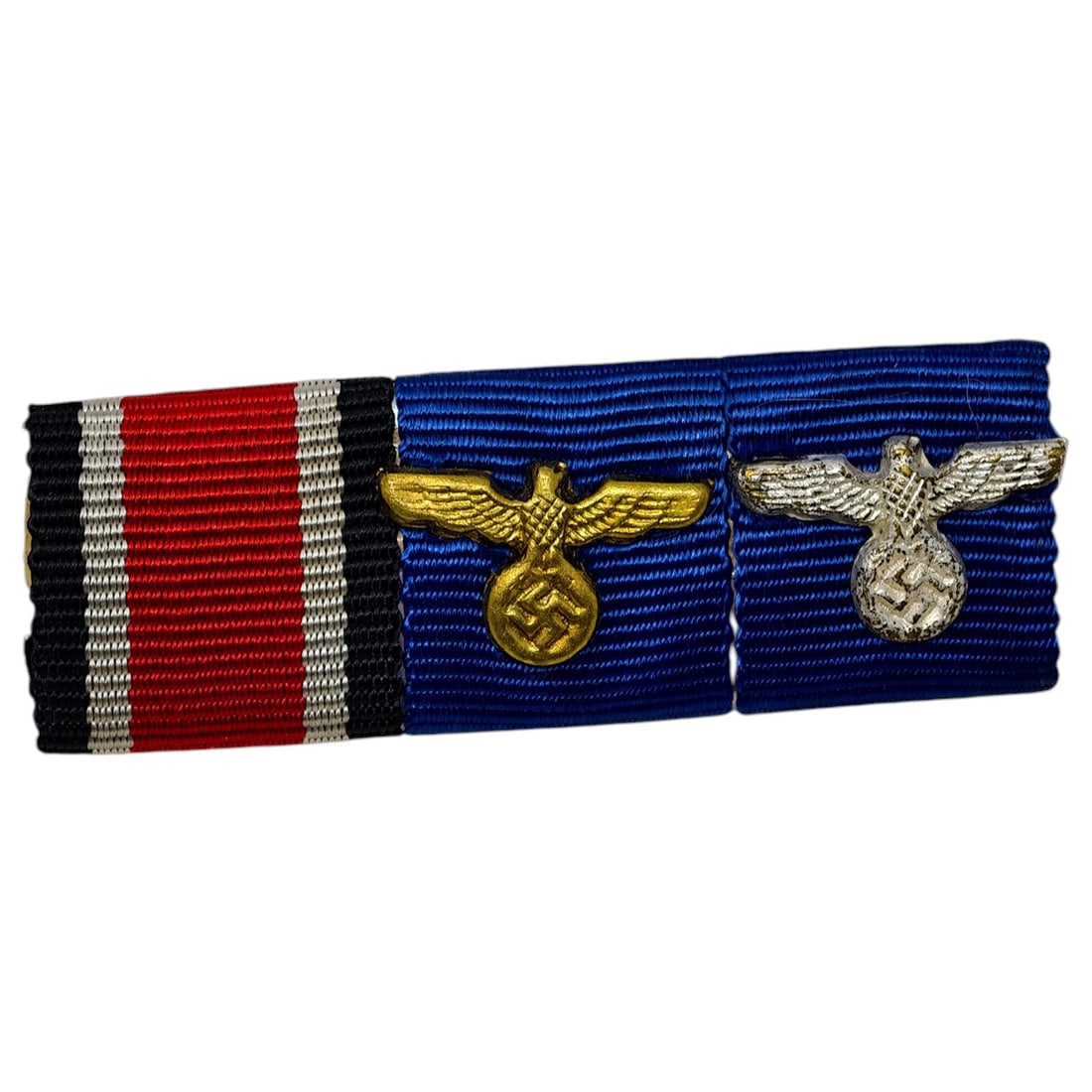 German WWII Three-Place Ribbon Bar with Wehrmacht and Wehrmacht Long Service Devices: A three-place ribbon bar mounted with the Iron Cross 2nd Class ribbon alongside two Wehrmacht Long Service Award ribbons, each fitted with a small eagle device. The first eagle appears to be in a gilt