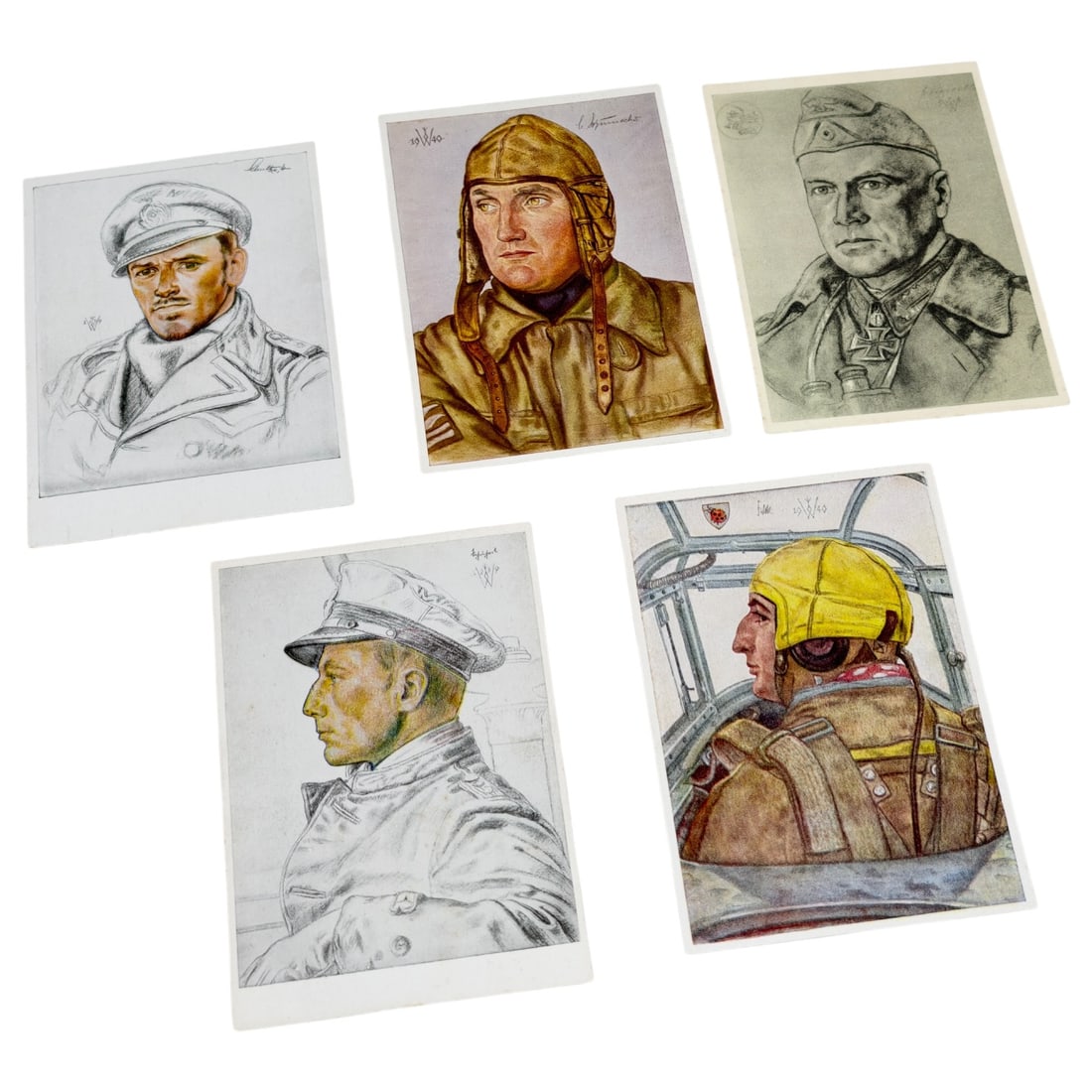 Set of German WWII Willrich Propaganda Portrait Postcards: A set of illustrated propaganda postcards depicting German servicemen, including a Luftwaffe officer, a U-boat commander in white uniform, an aviator wearing a leather flying helmet, a decorated soldi