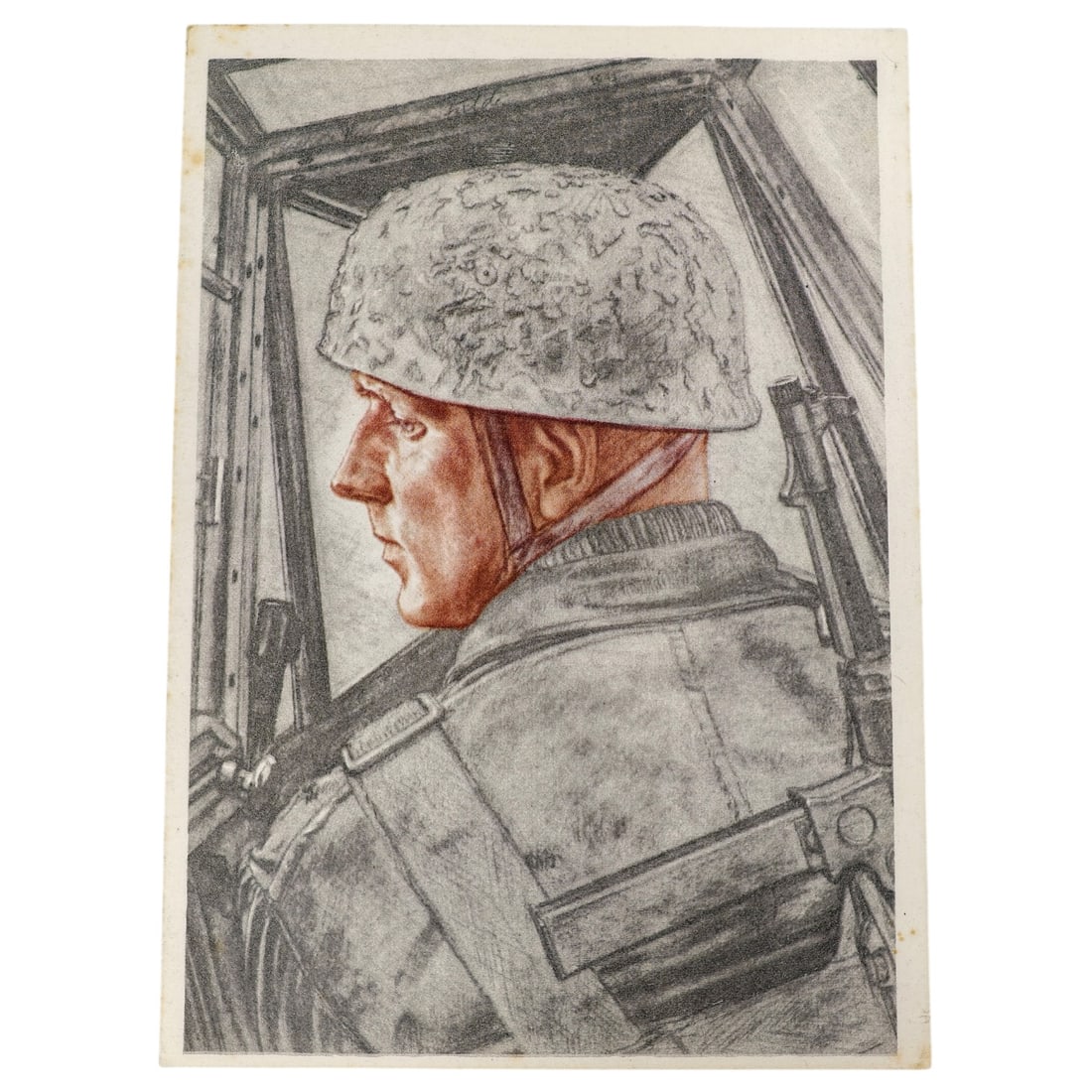 German WWII Propaganda Postcard – Fallschirmjäger Officer Portrait, Publisher VDA: Illustrated propaganda postcard depicting a German paratrooper (Fallschirmjäger) wearing a camouflage-pattern steel helmet and smock, shown from behind in profile inside a vehicle or aircraft frame w
