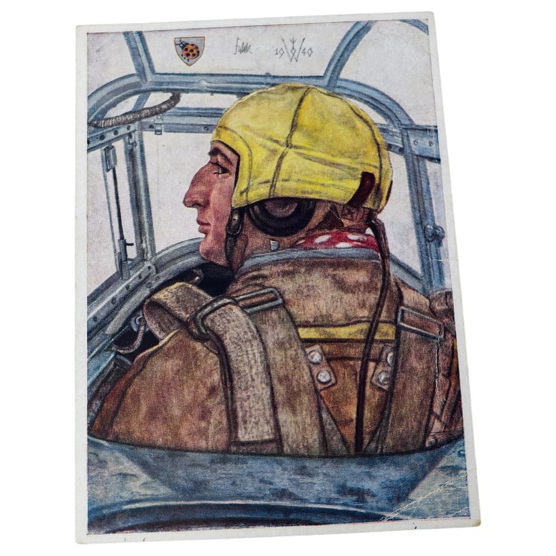 German WWII Luftwaffe Propaganda Postcard "Unsere Luftwaffe" by W. Willrich: A wartime propaganda postcard from the "Unsere Luftwaffe" series, illustrated by the artist W. Willrich, depicting a fighter pilot in the cockpit of his aircraft wearing a yellow flight helmet and lea