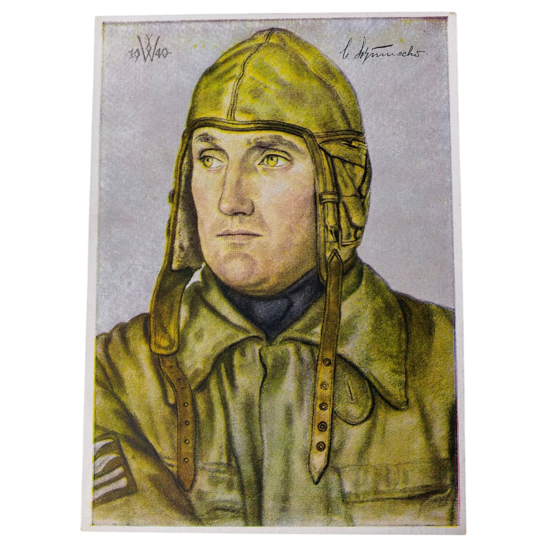 German WWII Luftwaffe Propaganda Postcard "Oberstleutnant Schumacher" by W. Willrich: A printed propaganda postcard reproducing a portrait painting by W. Willrich, depicting a Luftwaffe airman identified on the reverse as Oberstleutnant Schumacher, Kommodore eines Jagdgeschwaders, wear