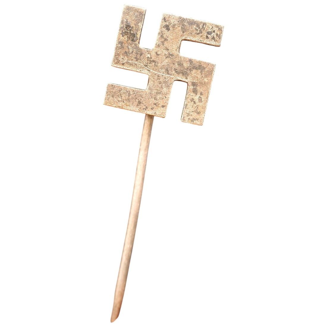 German WWII-Era Hakenkreuz Stick Pin: A stick pin in the form of a hakenkreuz, the emblem worked in a flat cut-out design mounted to a straight pin shaft. The piece is unmarked, of a small novelty or lapel-pin form common to the period, a