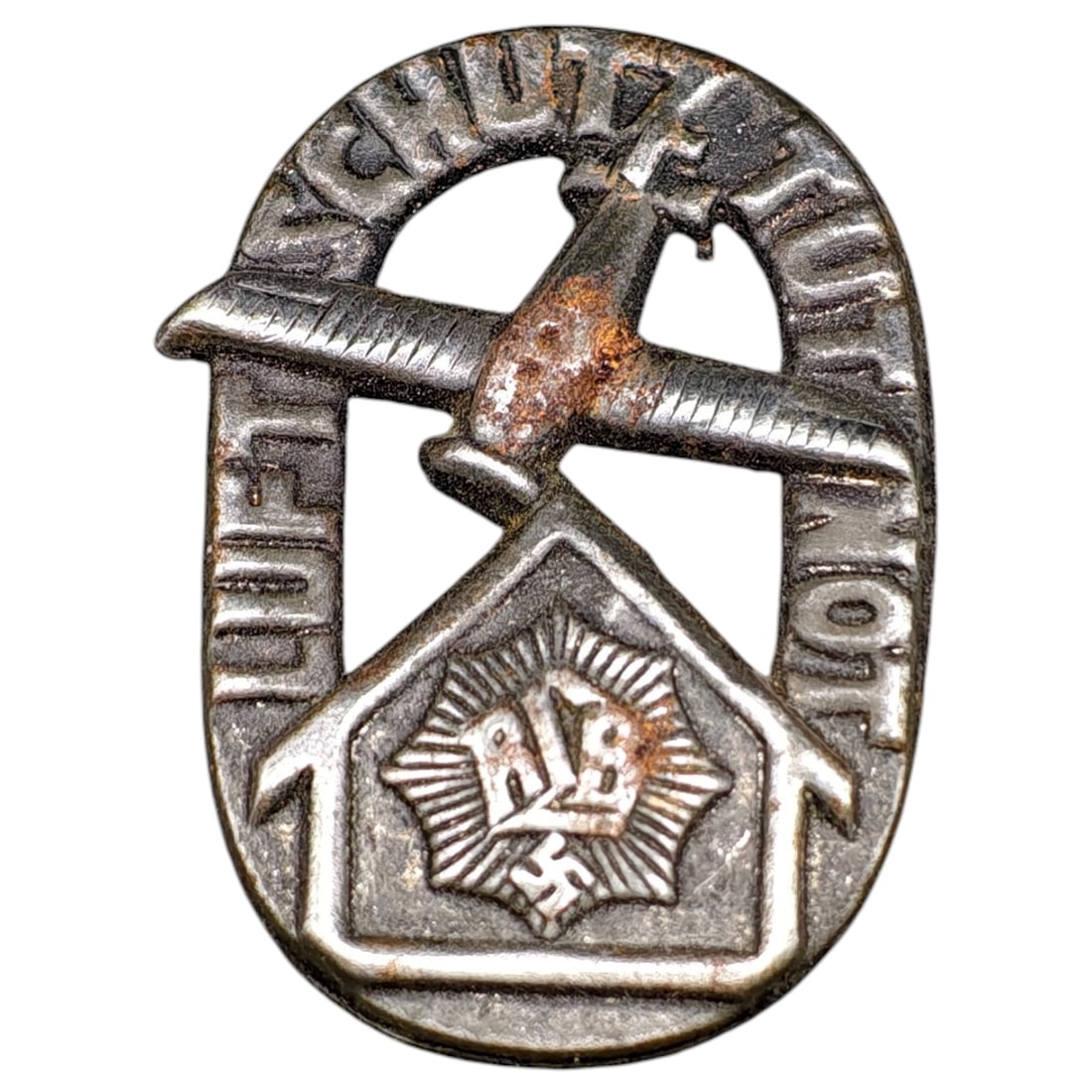 German WWII RLB Luftschutz Membership Badge: A member's badge for the Reichsluftschutzbund (RLB), the Third Reich civil air defense organization, worn to denote membership in the national air raid protection service. The badge features an oval f