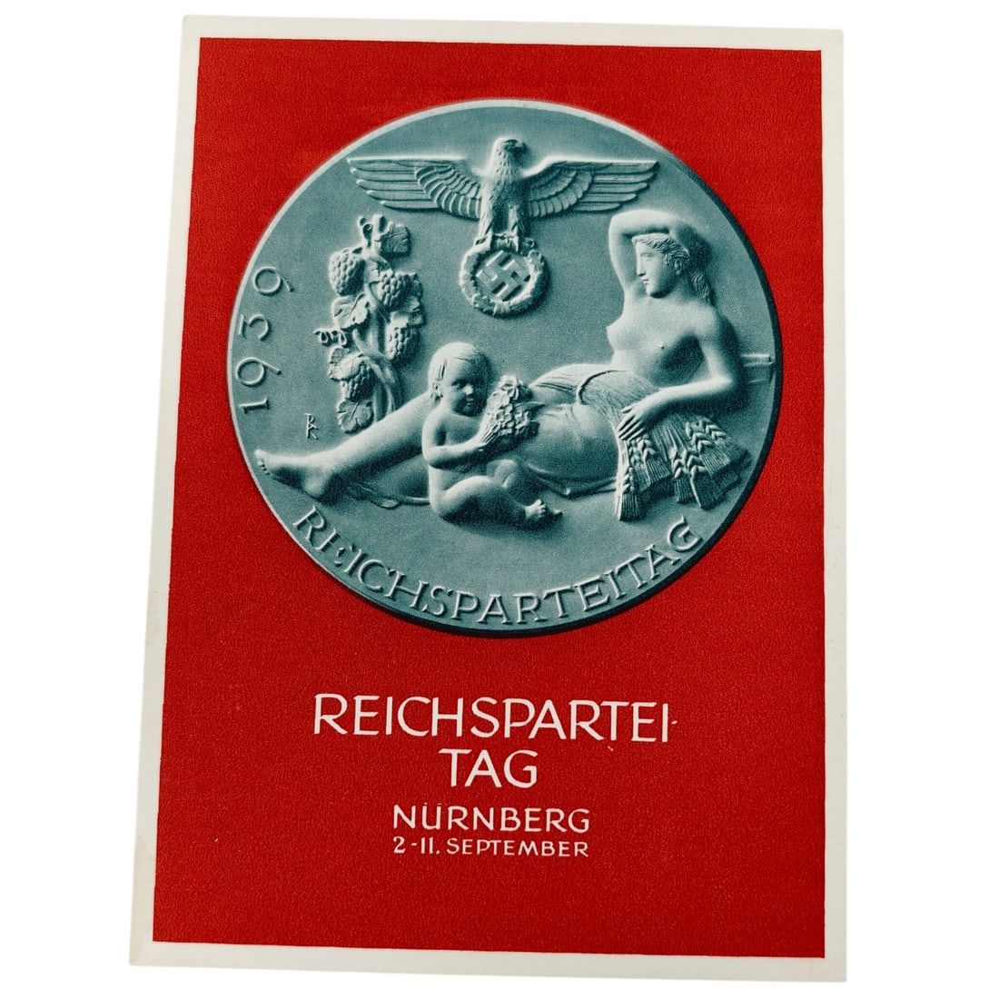 German Third Reich 1939 Reichsparteitag Nürnberg Festpostkarte: A commemorative postcard issued for the 1939 Reichsparteitag des Friedens (Party Rally of Peace) scheduled for Nürnberg, 2-11 September. The front bears a printed image of a medal design dated 1939, 