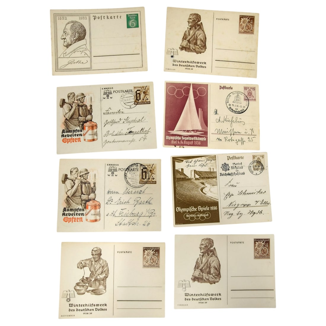 Set of German Third Reich Postal Stationery Cards: A set of German printed postal cards (Postkarte) with integral stamps, including Winterhilfswerk des Deutschen Volkes 1938/39 charity cards depicting laborers, WHW "Kampfen Arbeiten Opfern" war-relief