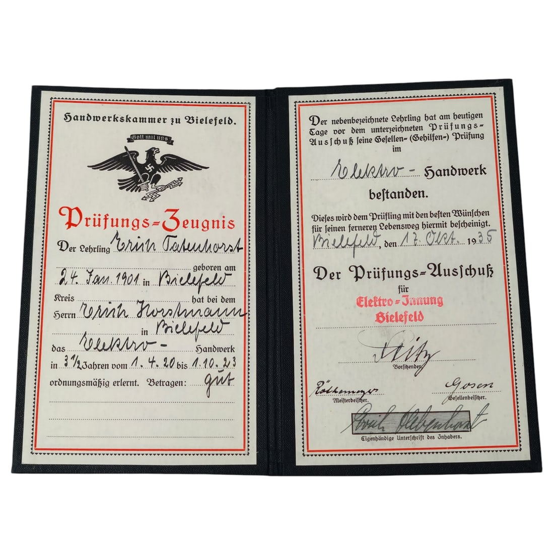 German Trade Guild Journeyman's Certificate, Bielefeld Electrical Craft, 1935: A Prüfungs-Zeugnis (examination certificate) issued by the Handwerkskammer zu Bielefeld to journeyman Erich Tafenhorst, born 24 January 1901 in Bielefeld, confirming completion of his apprenticeship 