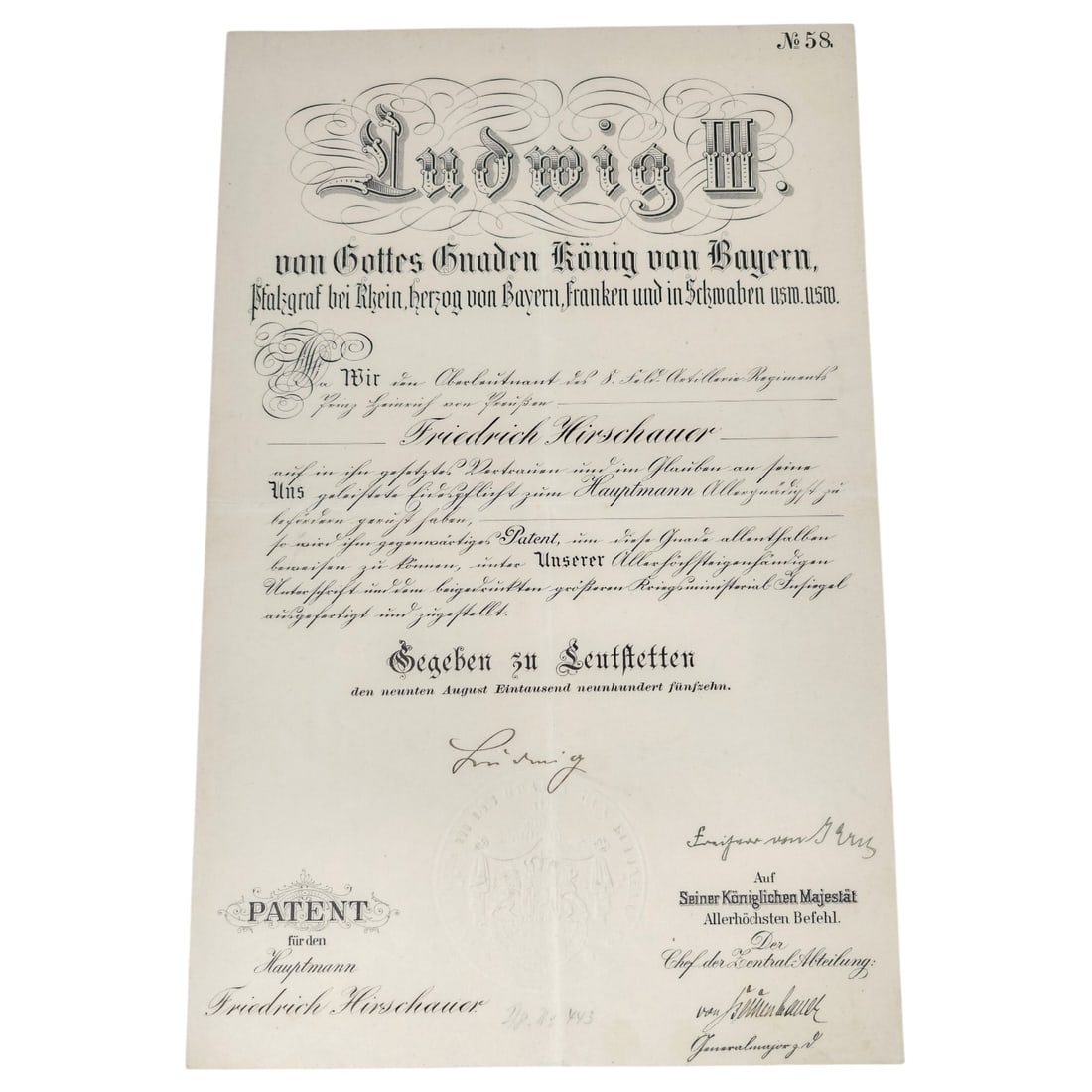 Bavarian Kingdom Officer's Promotion Patent Signed by King Ludwig III, 1915: A printed and hand-inscribed document (Patent) issued in the name of Ludwig III, King of Bavaria, confirming the promotion of Friedrich Hirschauer, Oberleutnant in the 8th Royal Bavarian Field Artille