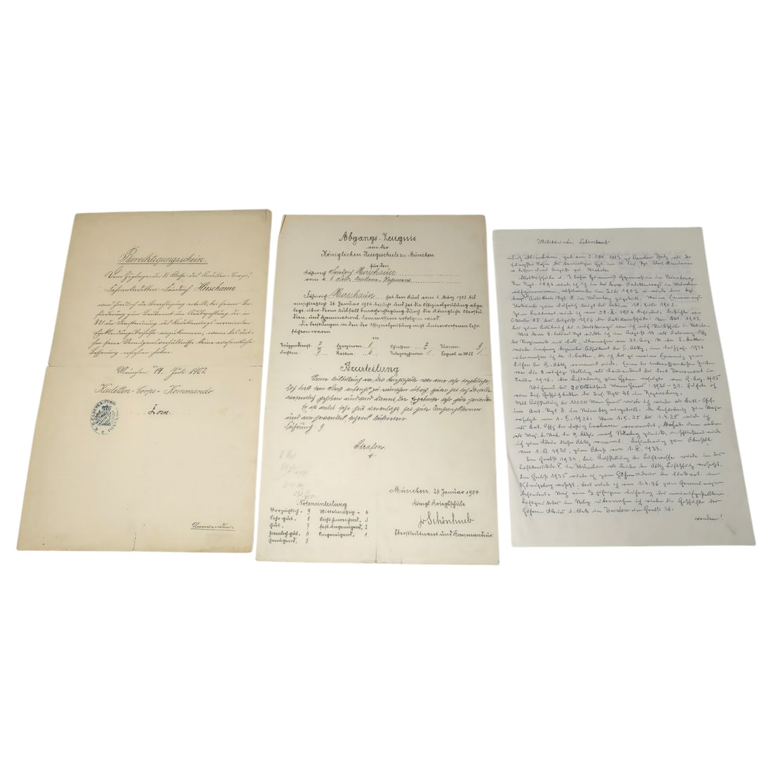 Set of Imperial German Bavarian Military Document Papers, München: A set of handwritten and printed German-language documents originating from Munich (München), including a "Berechtigungsschein" issued by an Artillerie-Corps-Kommando dated 1912, an "Abgangs-Zeugnis"